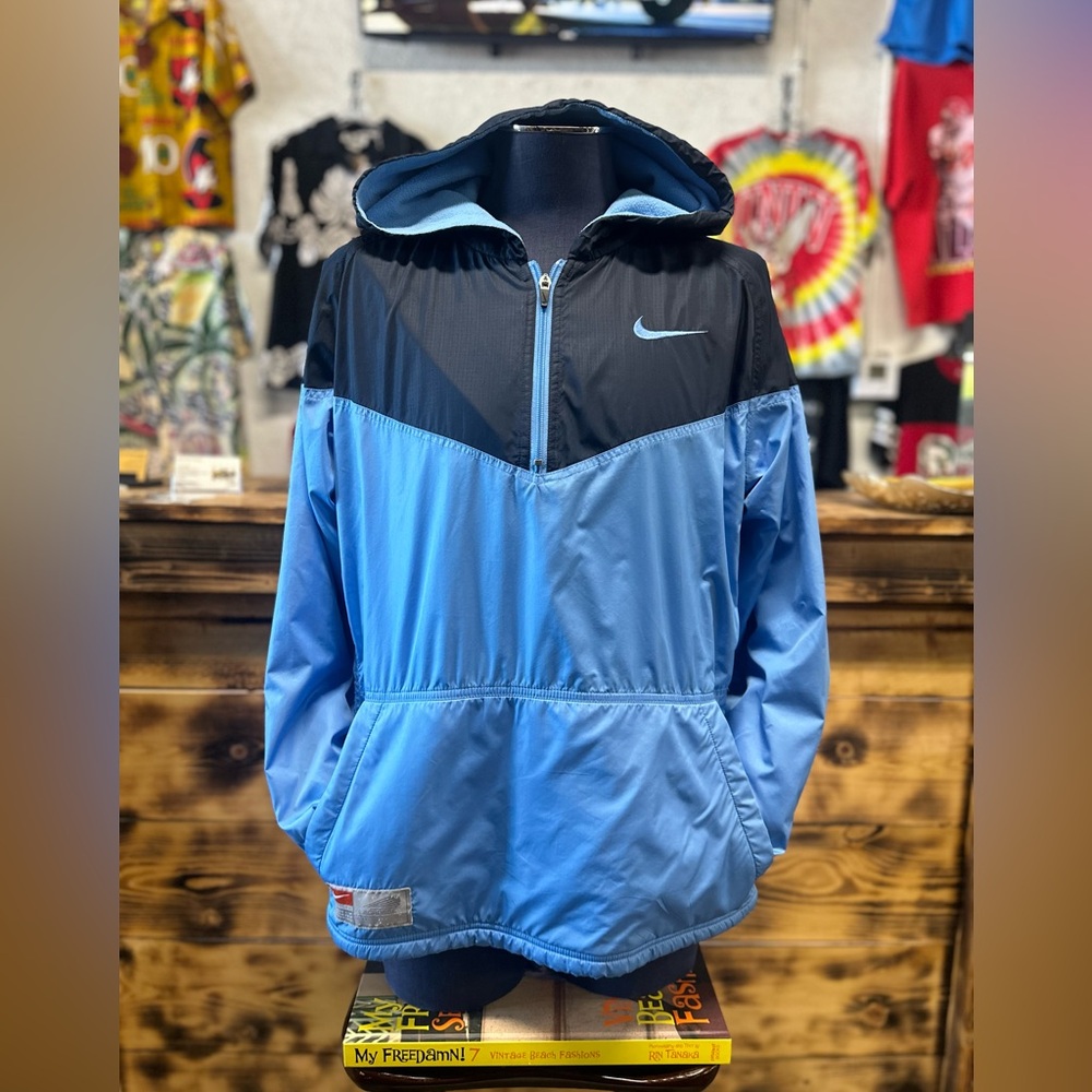 NIKE Fit Dry Blue Lacrosse 1/4 Zip Training Hooded Coat Jacket Fleece Lined  m